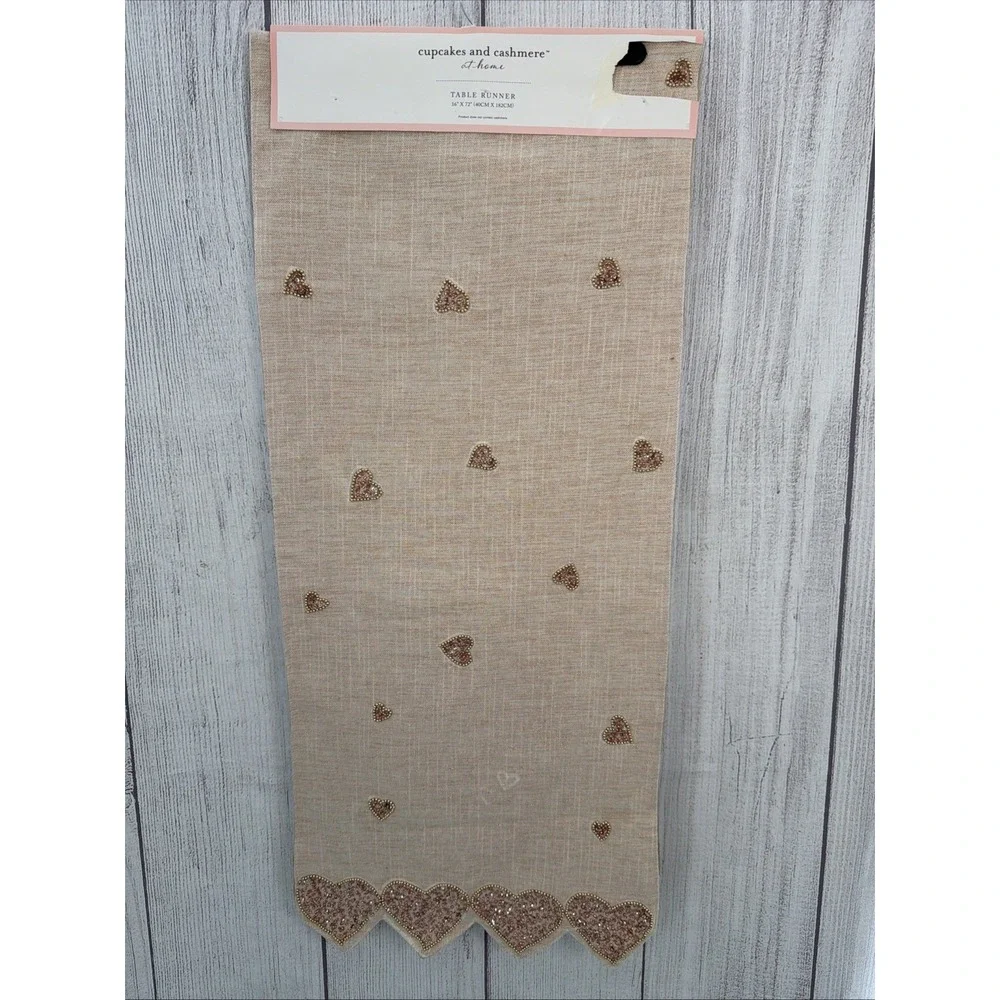 Cupcakes and Cashmere Table Runner Valentine's Pink Gold Metallic Beaded Hearts